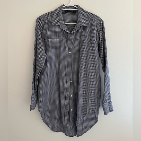 Zara Gingham Navy Button Down Shirt - Picture 1 of 4